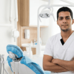 Dr khalid Soliman sitting in a dental chair.