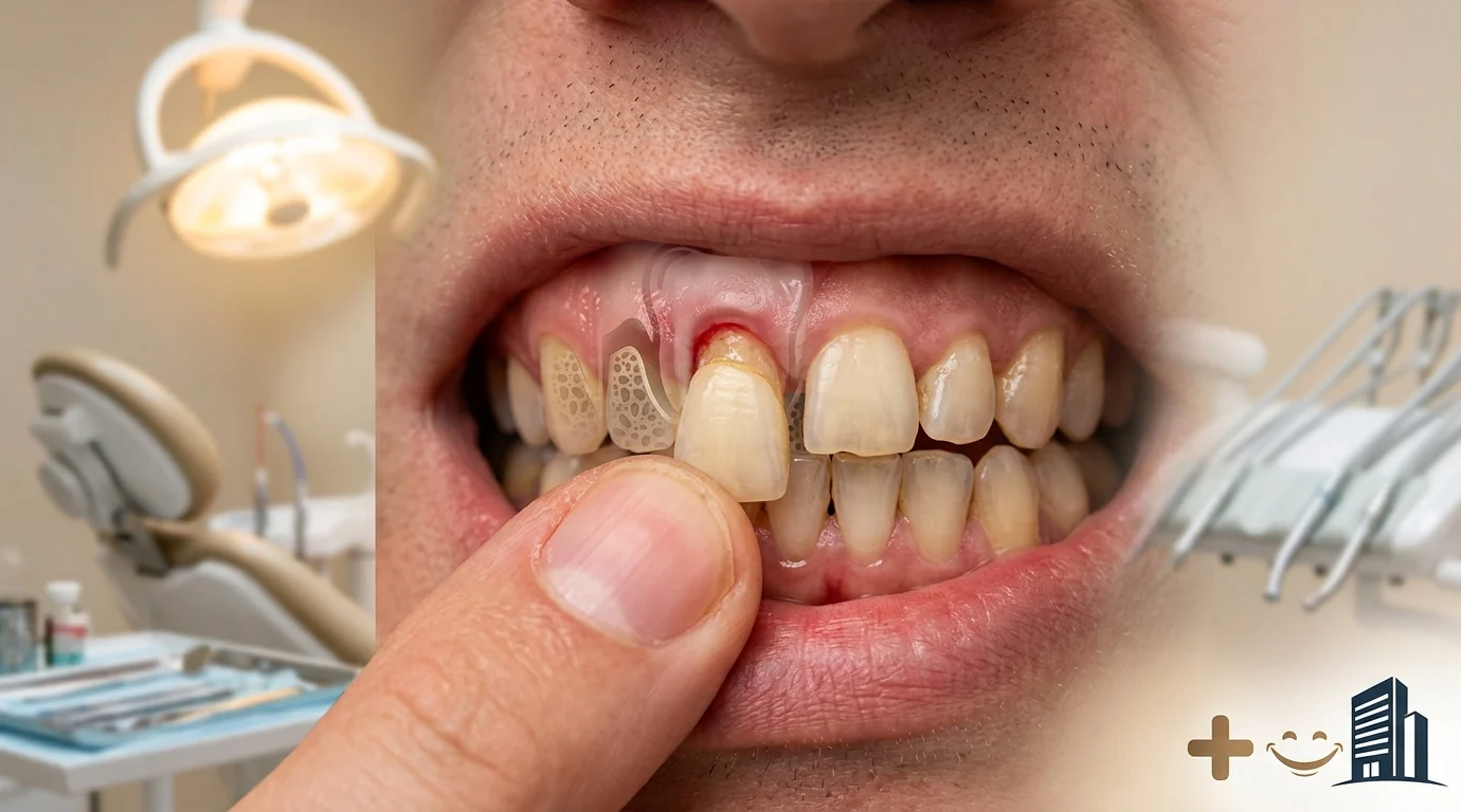 باب خلخلة الأسنان تُظهر هذه الصورة المقربة يدًا تمسك برفق سنًا علويًا أماميًا يبدو أنه قد تم اقتلاعه أو على وشك الاقتلاع، مما يسلط الضوء على تآكل العظام المتقدم الناتج عن أمراض اللثة الشديدة. يُحيط بالسن فم ذو لثة ملتهبة ومنحسرة بشكل واضح، وتؤكد الخلفية الضبابية للعيادة السنية على الحاجة إلى التدخل المهني العاجل لعلاج مثل هذه الحالات.
