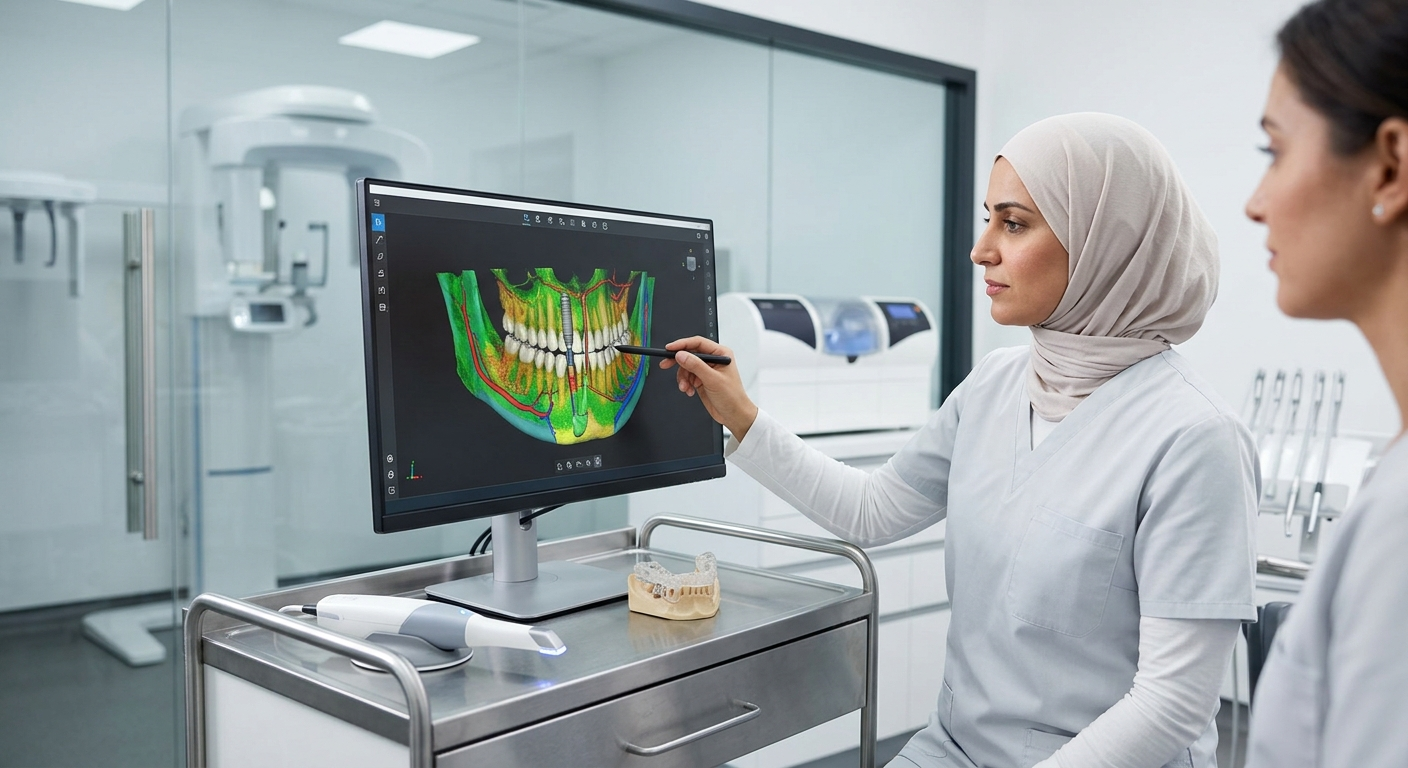 التخطيط الرقمي لزراعة الأسنان: تعرض الصورة عيادة أسنان حديثة حيث تناقش دكتورة محجبة مع زميلتها نموذج فك ثلاثي الأبعاد ملوناً لزراعة الأسنان، والذي تم إنشاؤه عبر تقنيات رقمية متقدمة. يظهر على الشاشة عنوان واضح "التخطيط الرقمي لزراعة الأسنان"، وبجانب الشاشة تظهر أدوات مثل الماسح الضوئي ونموذج للفك. في الخلفية، يمكن رؤية أجهزة CBCT وآلات CAD/CAM، مما يوضح عملية التخطيط الرقمي الشاملة لزراعة الأسنان.
