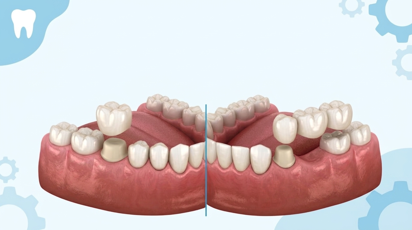 يوضح هذا التصميم ثلاثي الأبعاد آليات **تركيبات الأسنان الثابتة** لتعويض وحماية الأسنان التالفة أو المفقودة. يُظهر الجزء الأيسر من الصورة كيفية وضع تاج أسنان مفرد فوق دعامة لسن تم تحضيره مسبقاً. بينما يستعرض الجزء الأيمن طريقة تثبيت جسر أسنان من ثلاث وحدات لتعويض سن مفقود بالاعتماد على الأسنان المجاورة.