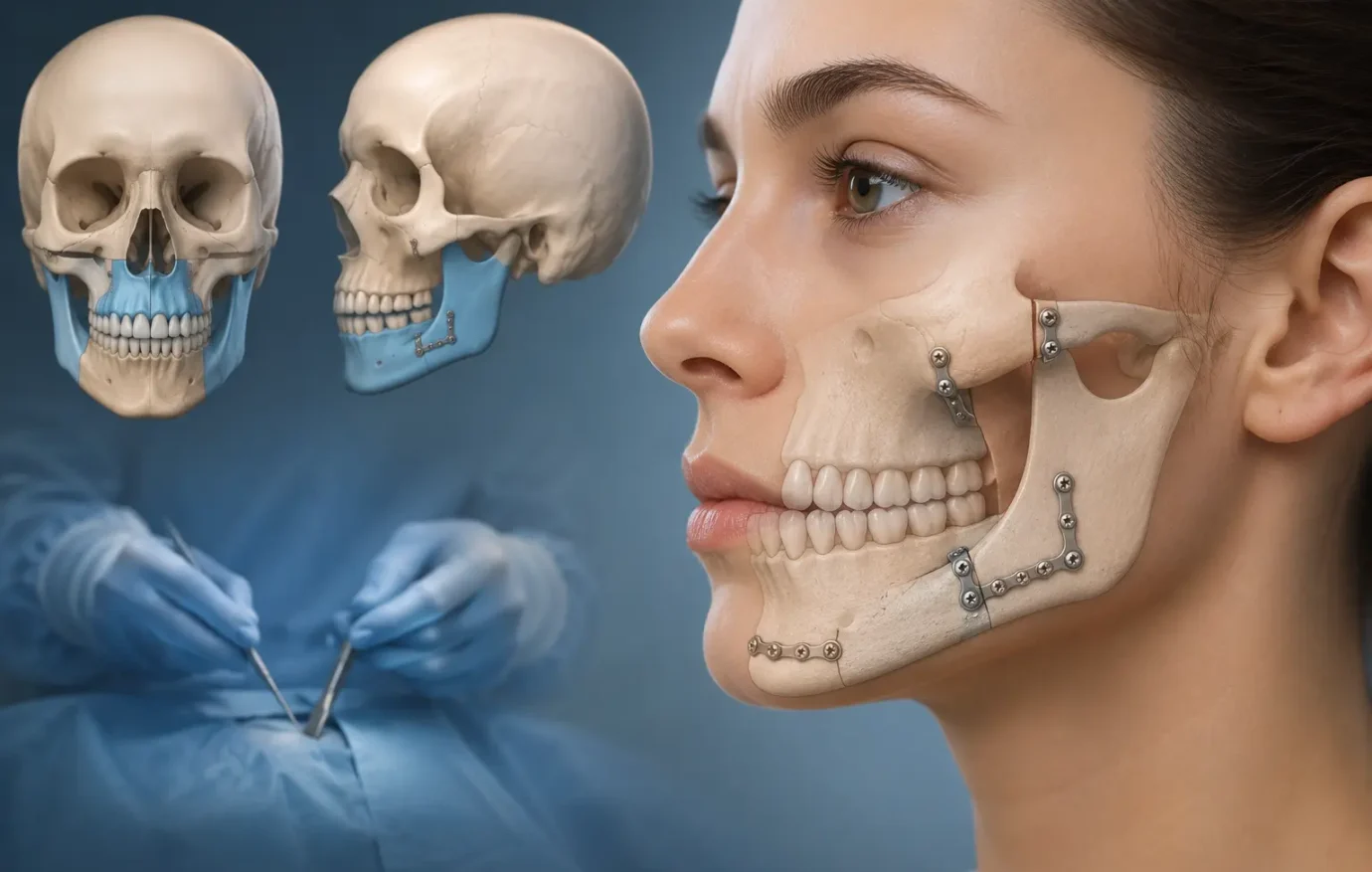 توضح الصورة **جراحة تقويم الأسنان** من خلال عرض عظام الفك والوجه مع صفائح ومسامير التثبيت المستخدمة بعد الجراحة. تُظهر الرسومات الجانبية والأمامية كيفية إعادة تموضع الفك لتحسين علاقة الفكين وتناسق الوجه وإطباق الأسنان. كما يظهر في الخلفية جانب من البيئة الجراحية، لتوضيح الطابع الطبي والإجرائي للعملية.