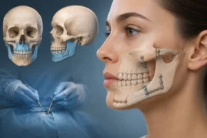 توضح الصورة **جراحة تقويم الأسنان** من خلال عرض عظام الفك والوجه مع صفائح ومسامير التثبيت المستخدمة بعد الجراحة. تُظهر الرسومات الجانبية والأمامية كيفية إعادة تموضع الفك لتحسين علاقة الفكين وتناسق الوجه وإطباق الأسنان. كما يظهر في الخلفية جانب من البيئة الجراحية، لتوضيح الطابع الطبي والإجرائي للعملية.