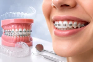 توضح الصورة تقويم الأسنان باستخدام الحاصرات والأسلاك المعدنية لتصحيح اصطفاف الأسنان وتحسين الإطباق. تظهر أيضًا نماذج لتقويم الأسنان وأجهزة التقويم الشفافة المستخدمة ضمن خيارات العلاج المختلفة. **تقويم الأسنان** يساعد على ترتيب الأسنان وتحسين وظيفة الفم والمظهر الجمالي للابتسامة.