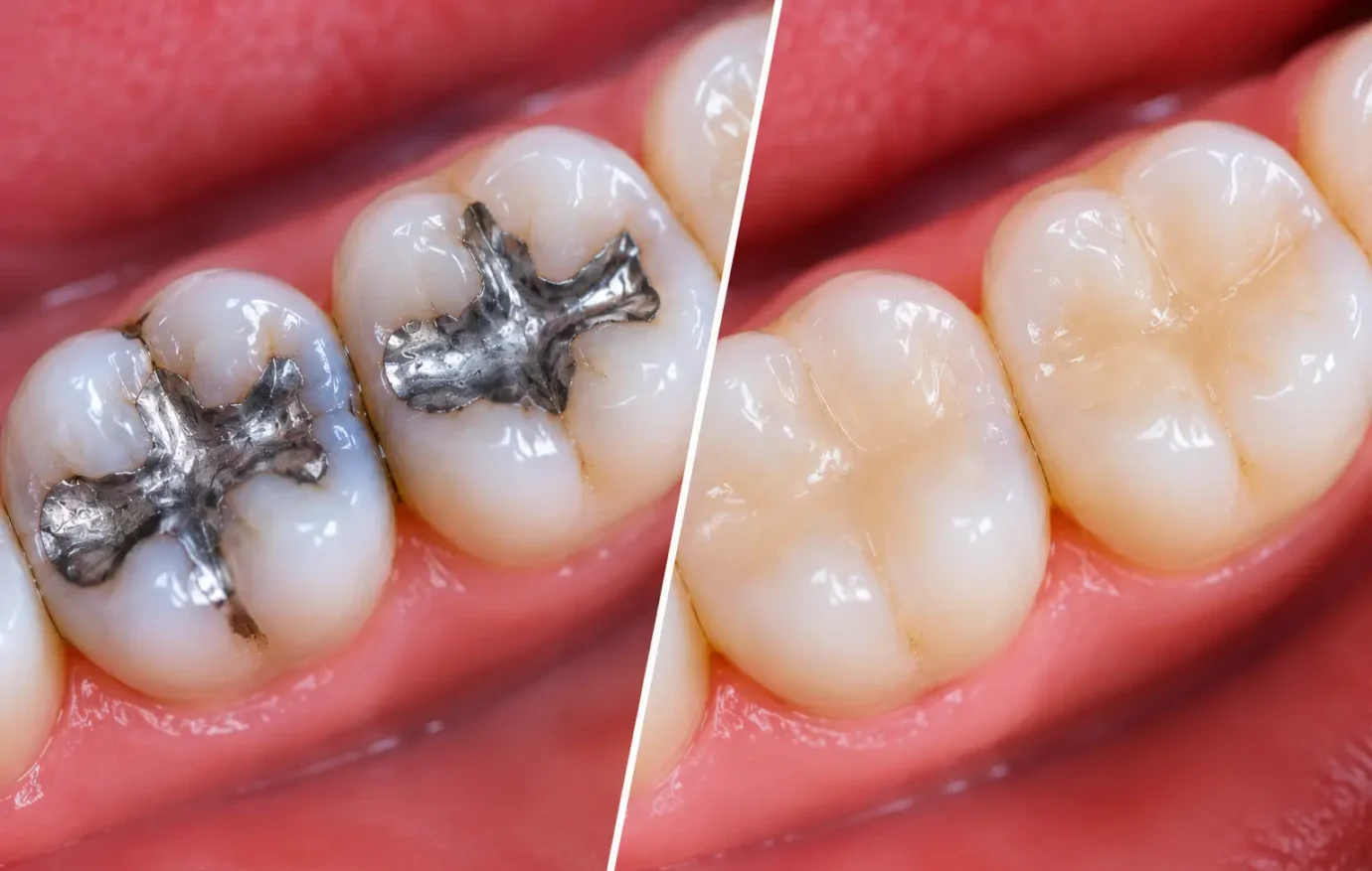 صورة توضح الفرق بين حشو الأسنان التجميلي والأملغم من خلال المقارنة المباشرة قبل وبعد العلاج. تظهر جهة اليسار ضاحكاً وضرساً ممتلئين بحشوة الأملغم الفضية (الرصاصية) التقليدية ذات المظهر المعدني البارز. توضح جهة اليمين نفس الأضراس بعد استبدال الحشوة القديمة بحشوة الكومبوزيت التجميلية المتناغمة تماماً مع لون الأسنان الطبيعي.