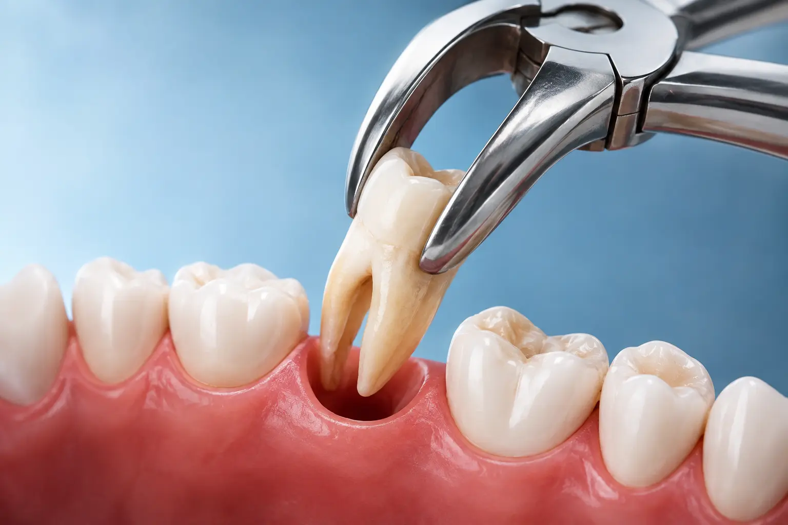صورة توضيحية لعملية خلع الأسنان والضروس توضح استخدام الكماشات الجراحية المخصصة. تظهر أداة الخلع الفولاذية وهي تمسك بضرس سفلي بعناية رفعه تدريجياً من تجويفه العظمي. توضح الصورة سلامة الأنسجة والضروس المجاورة أثناء عملية إزالة الضرس من اللثة.