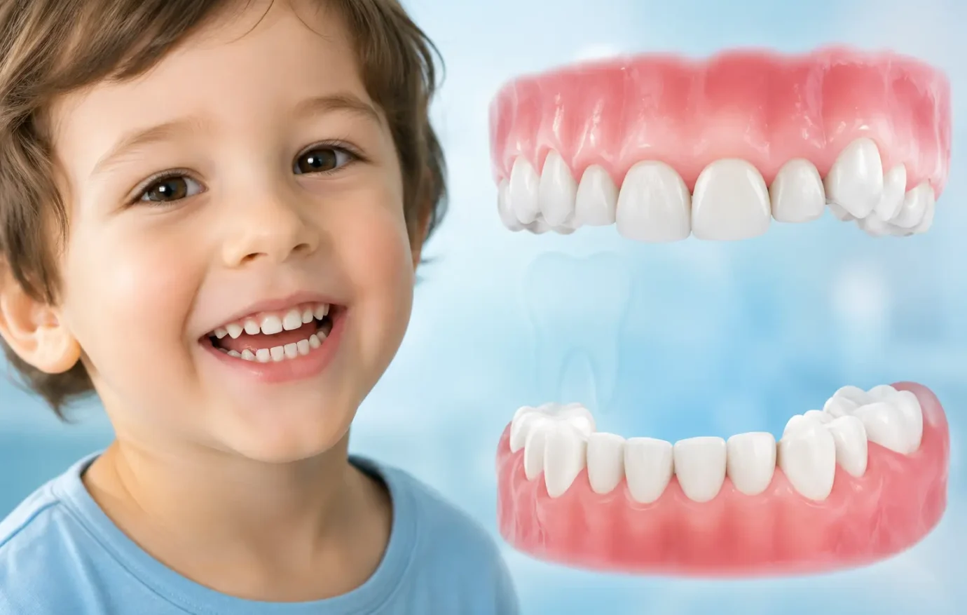صورة توضح أهمية العناية بالأسنان اللبنية للحفاظ على ابتسامة صحية وسليمة للأطفال. يظهر على اليسار طفل يبتسم بأسنان بيضاء نظيفة ومصطفة بشكل جيد. يظهر على اليمين مجسم ثلاثي الأبعاد لفكين علوي وسفلي يوضح شكل الأسنان اللبنية واللثة الصحية.