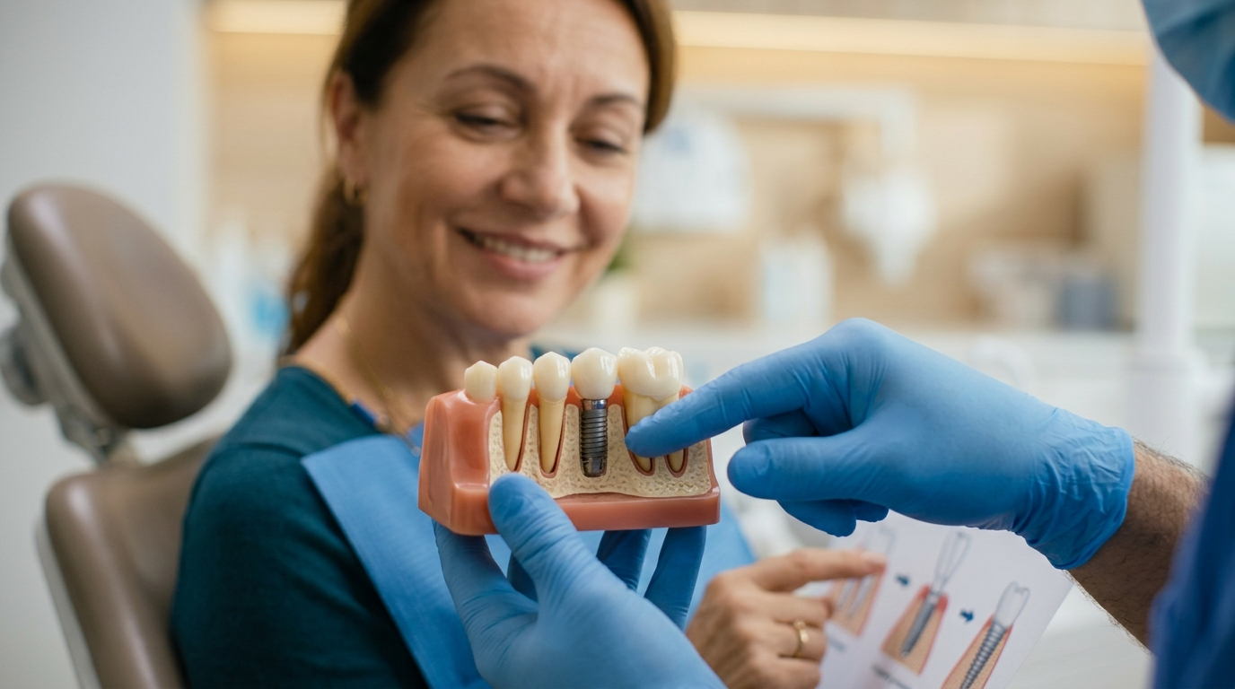 زراعة الأسنان المتأخرة: طبيب أسنان يشرح لمريضة مبتسمة خيارات العلاج المتوفرة لديها باستخدام نموذج فك. يظهر النموذج الأسنان الاصطناعية (الغرسات) التي تم وضعها في عظم الفك، مع الإشارة إلى الغرسة بوضوح. تستمع المريضة باهتمام وتبدو مطمئنة، مما يدل على نجاح الاستشارة وفهمها للإجراء.