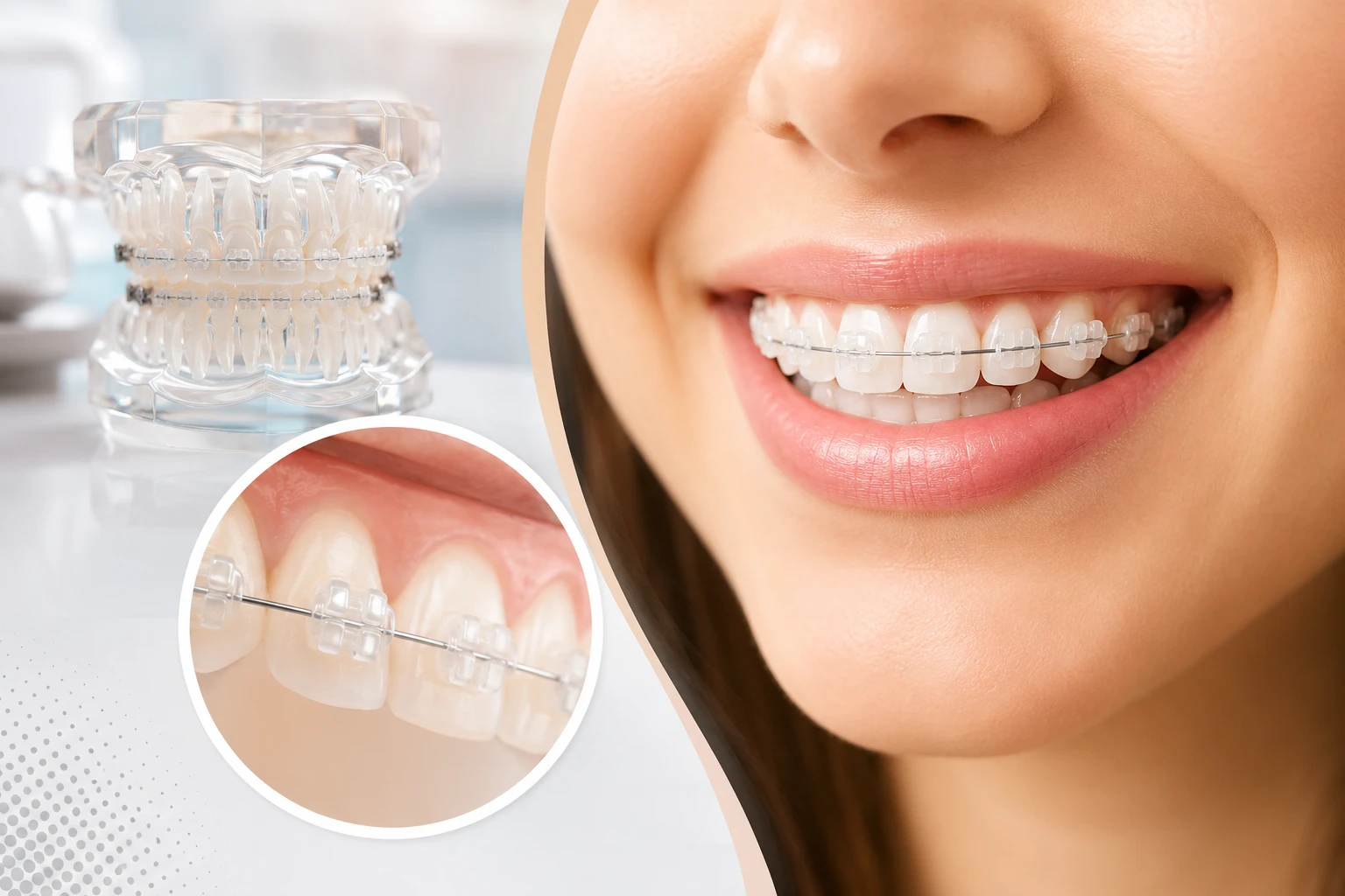 **تقويم الأسنان السيراميكي** هو خيار تجميلي لتقويم الأسنان باستخدام حاصرات شفافة أو بلون الأسنان لتكون أقل ظهورًا. توضح الصورة شكل الحاصرات السيراميكية والأسلاك المثبتة على الأسنان، مع عرض تفصيلي لمكوناتها. يُستخدم هذا النوع للمساعدة في تحسين اصطفاف الأسنان ومنح ابتسامة أكثر تناسقًا ومظهرًا جماليًا.