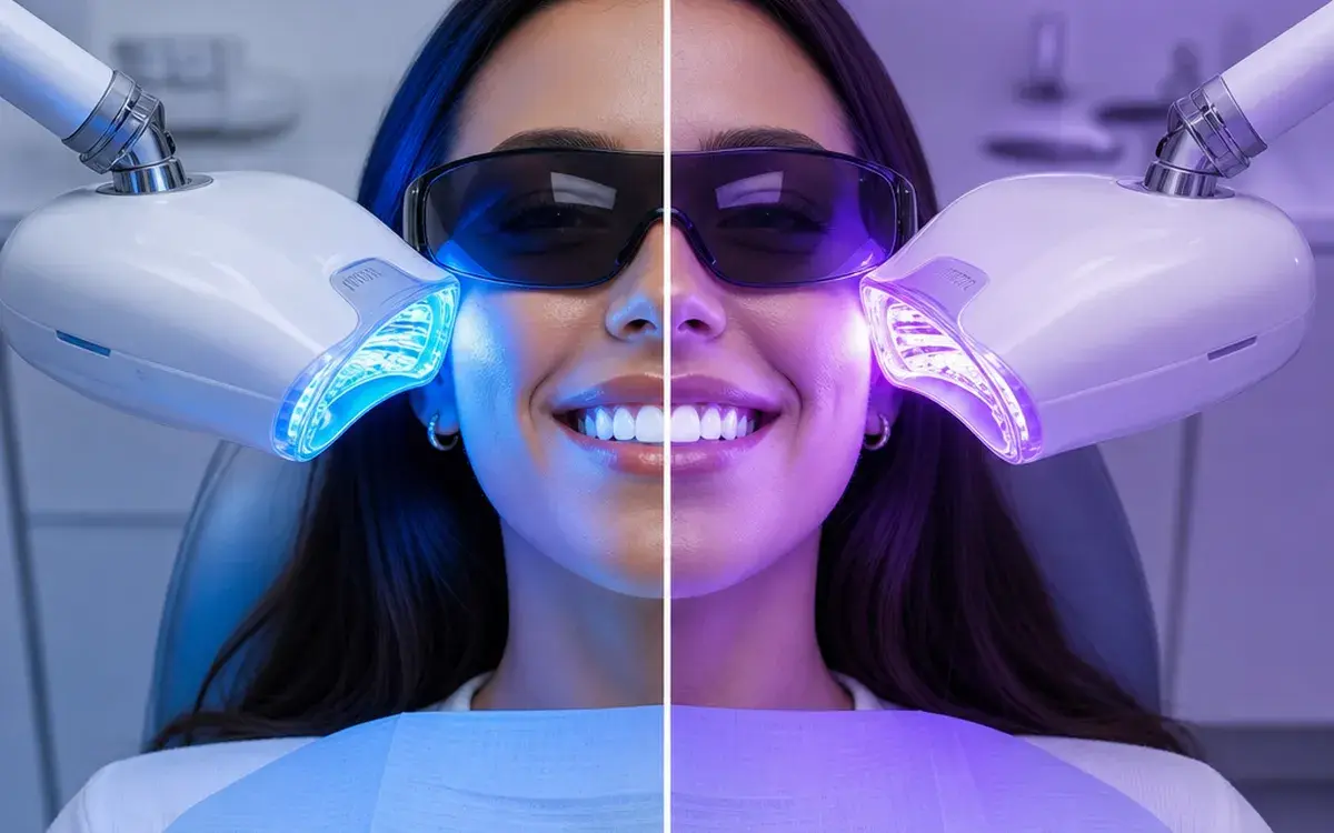 **تبييض الأسنان بالليزر**: تظهر في ملف "led-vs-uv-whitening.webp" امرأة تبتسم وترتدي نظارات واقية أثناء جلسة تبييض الأسنان. يعرض النصف الأيسر من الصورة استخدام تقنية ضوء LED الأزرق الموجه نحو الأسنان. بينما يوضح النصف الأيمن استخدام ضوء الأشعة فوق البنفسجية (UV) البنفسجي لمقارنة تقنيات الإضاءة المختلفة.