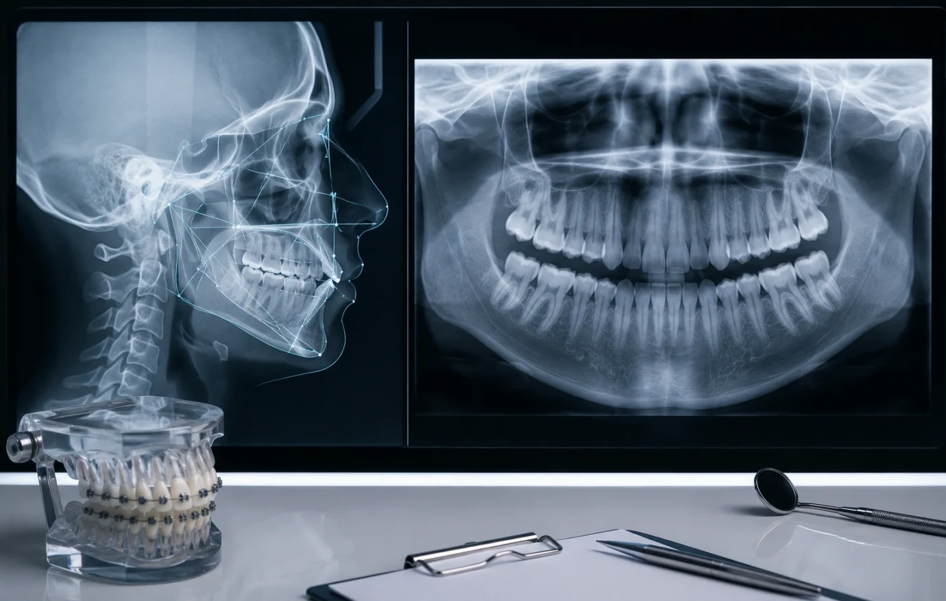 أشعة تقويم الأسنان تُظهر الأشعة الجانبية للرأس (Cephalometric) مع تحليل القياسات العظمية والأسنان. وتظهر الأشعة البانورامية للفكين والأسنان لتقييم وضع الأسنان والجذور والعظام. توضح الصورة أهمية هذه الفحوصات في تشخيص الحالات ووضع خطة علاج تقويم الأسنان. :::