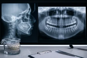 أشعة تقويم الأسنان تُظهر الأشعة الجانبية للرأس (Cephalometric) مع تحليل القياسات العظمية والأسنان. وتظهر الأشعة البانورامية للفكين والأسنان لتقييم وضع الأسنان والجذور والعظام. توضح الصورة أهمية هذه الفحوصات في تشخيص الحالات ووضع خطة علاج تقويم الأسنان. :::