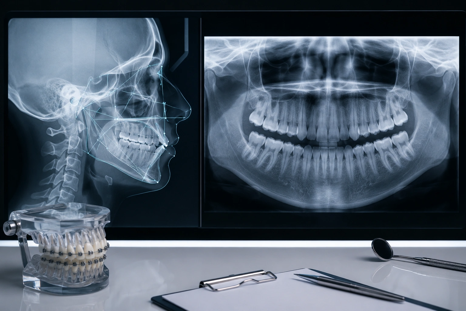 أشعة تقويم الأسنان تُظهر الأشعة الجانبية للرأس (Cephalometric) مع تحليل القياسات العظمية والأسنان. وتظهر الأشعة البانورامية للفكين والأسنان لتقييم وضع الأسنان والجذور والعظام. توضح الصورة أهمية هذه الفحوصات في تشخيص الحالات ووضع خطة علاج تقويم الأسنان. :::